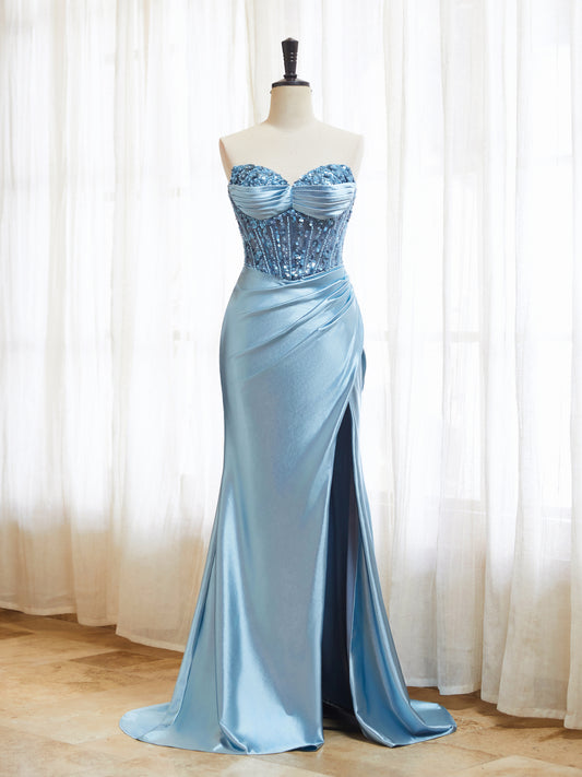 Spaghetti Straps Satin Prom Dresses with Slit 2025 Long Mermaid Corset Beaded Sequin V-Neck Ruched Evening Gowns
