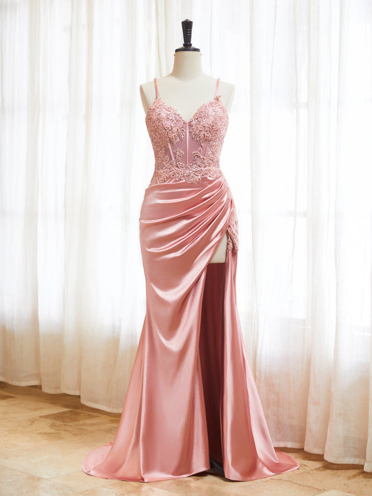 Spaghetti Straps Satin Prom Dresses 2025 Lace Appliques Mermaid Evening Gown Long Corset Formal Dresses with Slit