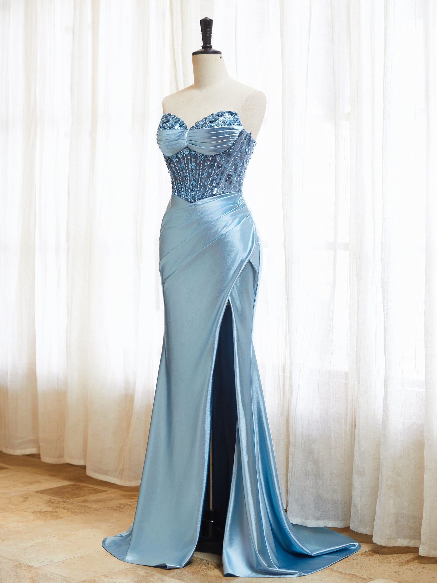 Spaghetti Straps Satin Prom Dresses with Slit 2025 Long Mermaid Corset Beaded Sequin V-Neck Ruched Evening Gowns