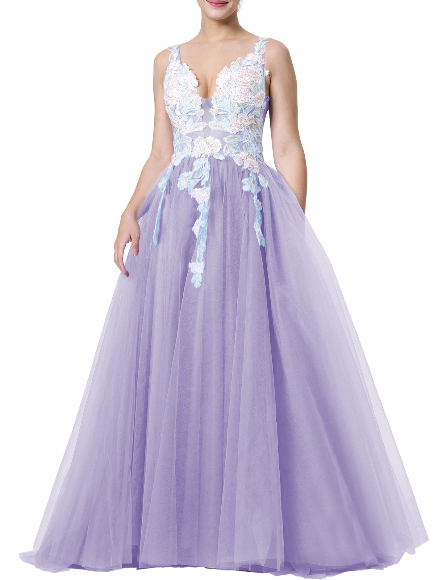 Tulle Prom Dresses V Neck Wedding Dresses Floral Embroidery Applique Quinceanera Dresses