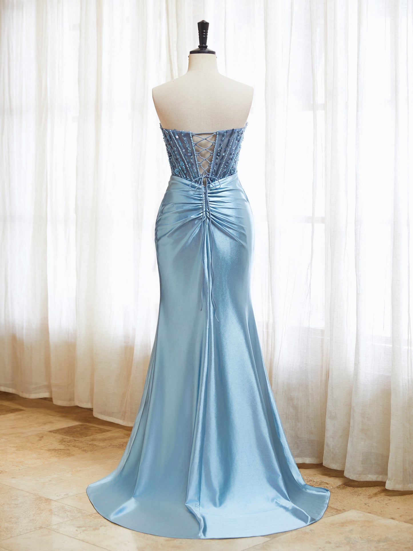 Spaghetti Straps Satin Prom Dresses with Slit 2025 Long Mermaid Corset Beaded Sequin V-Neck Ruched Evening Gowns