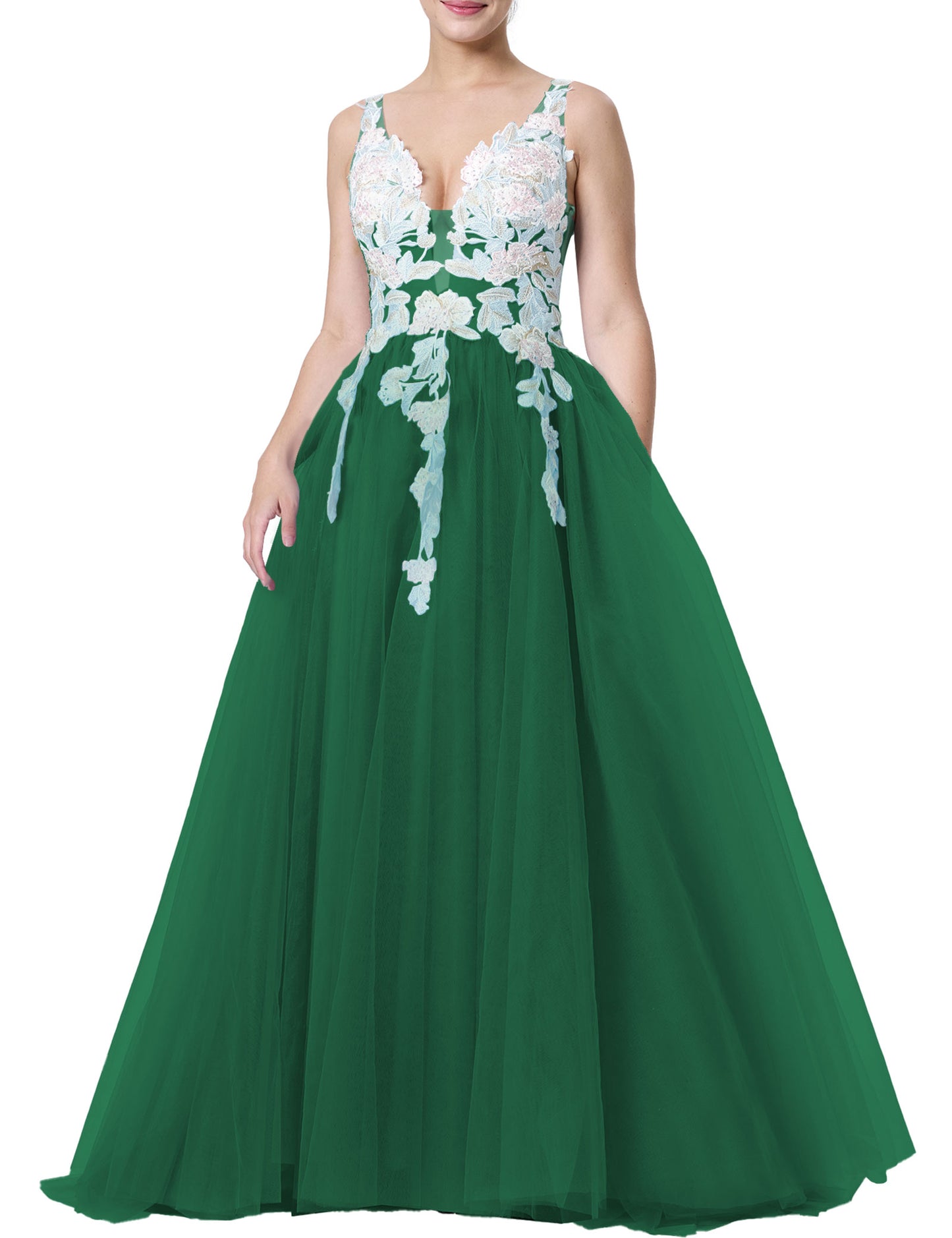 Tulle Prom Dresses V Neck Wedding Dresses Floral Embroidery Applique Quinceanera Dresses
