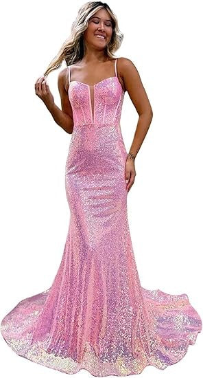 Women's Sequins Prom Dresses Long Mermaid Sexy Spaghetti Straps Formal Evening Ball Gowns 2025